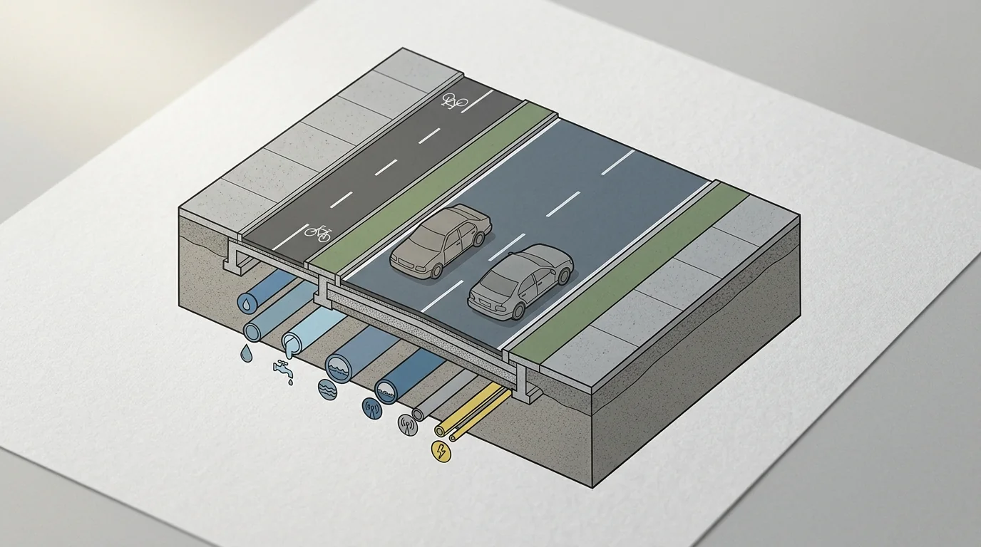 Schéma de coupe transversale d'un boulevard urbain avec trottoirs, piste cyclable et réseaux enterrés