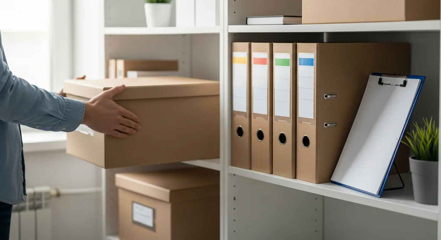 Cartons d’archives professionnelles étiquetés avant un déménagement